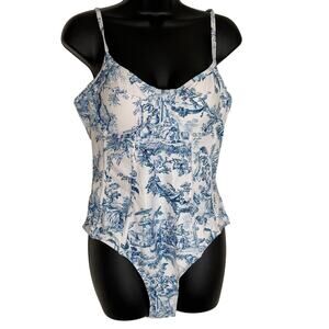 Oriental Theme Blue and White Ladies Swimsuit with Side Boning & Underwire